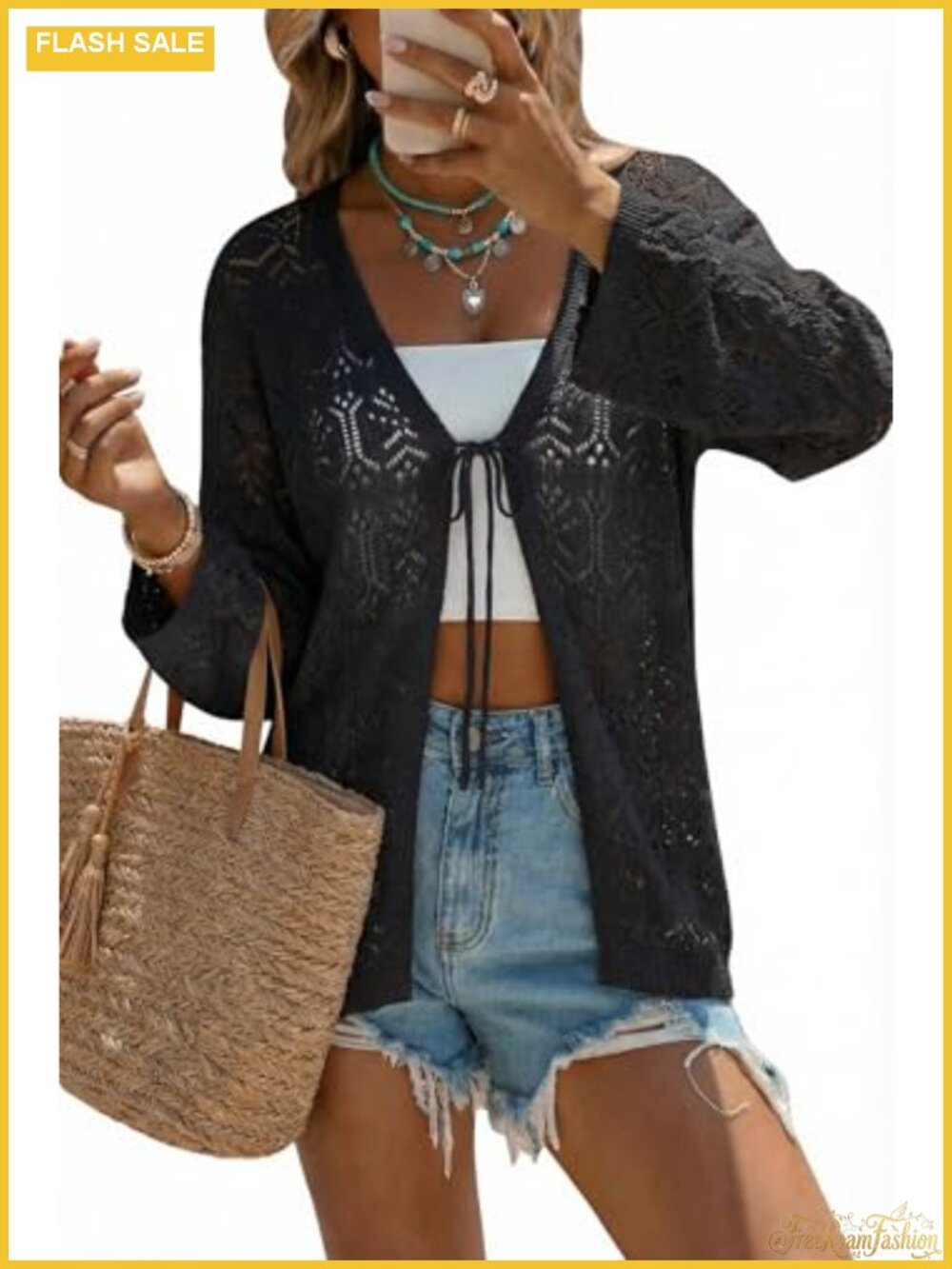 Linen Blend Crochet Cardigan Open Front Tie Neck Boho Beach Cover Up